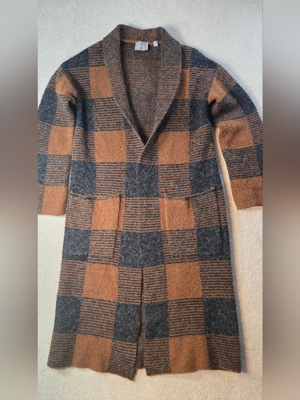 Cyrus Plaid Brown/Black Checkered Open Front Duster Cardigan Autumn Cozy S